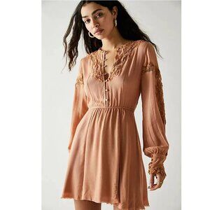 Free People Paige Mini Dress Women XS Orange Crochet Lace Boho Flowy Long Sleeve